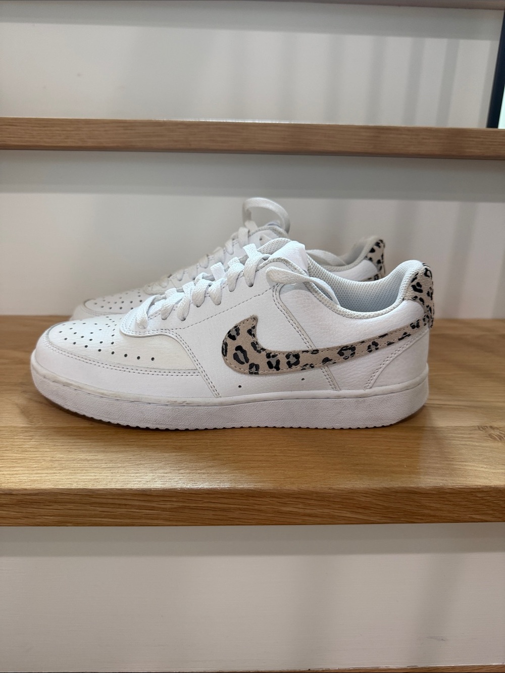 Nike White Sneakers with Leopard-Print Swoosh
